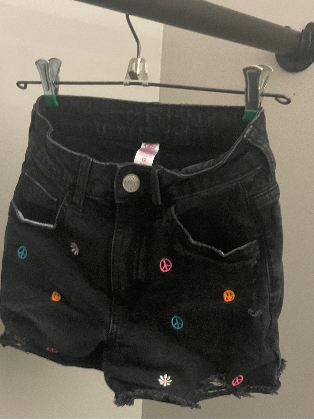 Justice Black Denim Shorts with Multicolor Peace Sign Embroidery